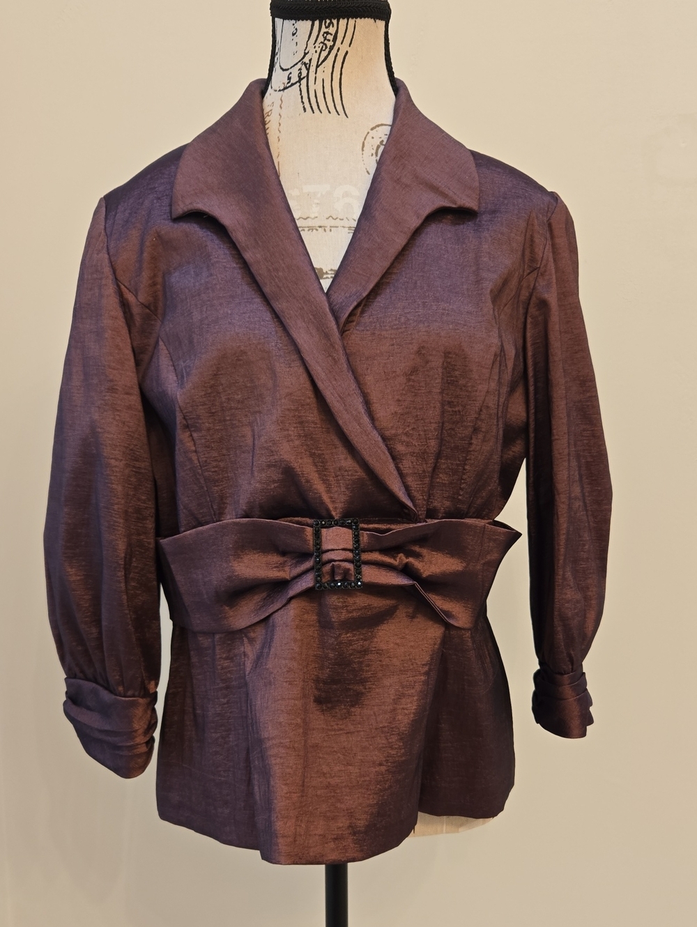 Alex Evenings Shimmery Plum Bow-Waist Back Zip Blouse